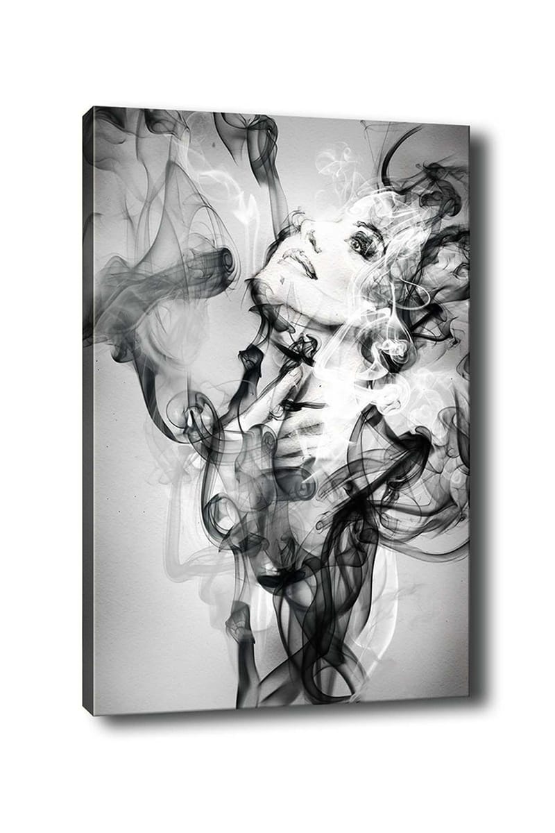 Canvastavla 70x100 cm - Kvinna som framträder ur svävande rökformationer, Svart / Grå / Vit