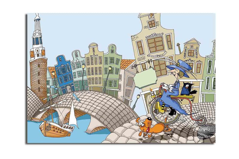 Canvastavla 70x100 cm - Kvinna på en cykel med en hund och en katt, omgiven av färgglada hus och en bro - Blå / Grön / Orange - Inredning & dekor - Tavlor & konst - Canvastavla