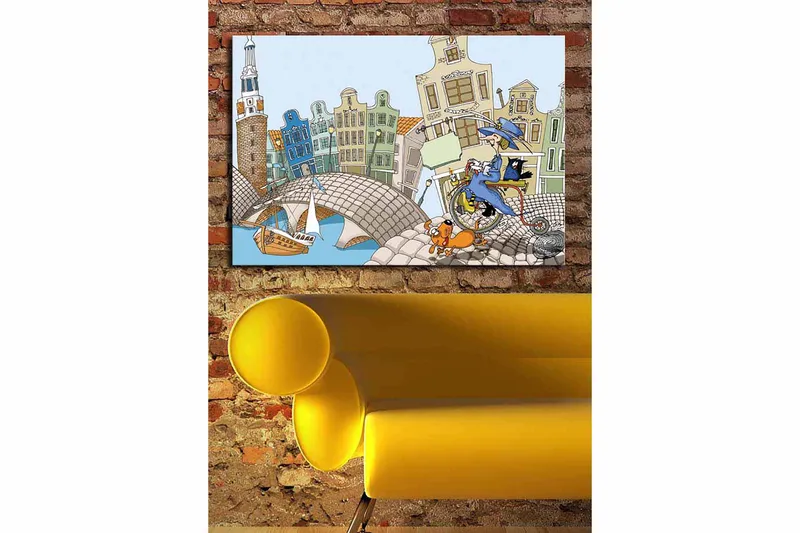 Canvastavla 70x100 cm - Kvinna på en cykel med en hund och en katt, omgiven av färgglada hus och en bro - Blå / Grön / Orange - Inredning & dekor - Tavlor & konst - Canvastavla