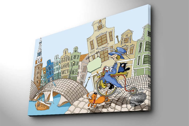 Canvastavla 70x100 cm - Kvinna på en cykel med en hund och en katt, omgiven av färgglada hus och en bro - Blå / Grön / Orange - Inredning & dekor - Tavlor & konst - Canvastavla
