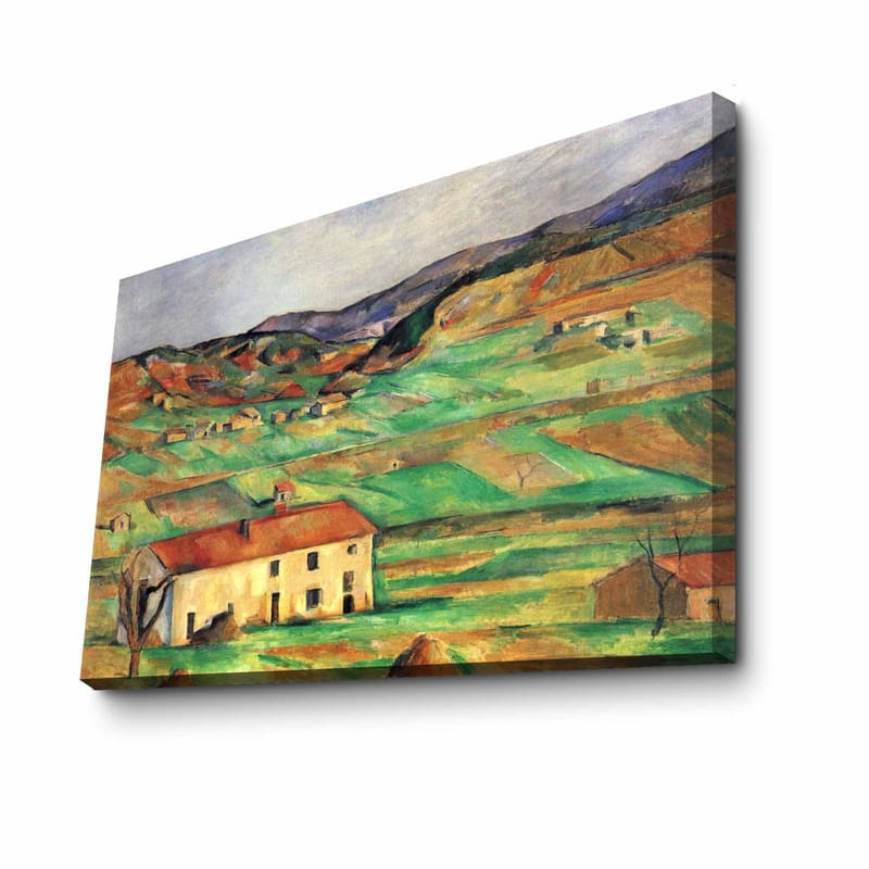Canvastavla 70x100 cm - Landskapsmålning med en gulaktig byggnad omgiven av gröna fält och kullar - Grön / Gul / Orange - Inredning & dekor - Tavlor & konst - Canvastavla