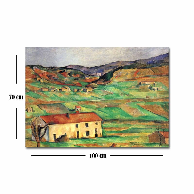 Canvastavla 70x100 cm - Landskapsmålning med en gulaktig byggnad omgiven av gröna fält och kullar - Grön / Gul / Orange - Inredning & dekor - Tavlor & konst - Canvastavla