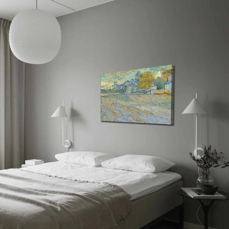 Canvastavla 70x100 cm - Landskapsmålning med hus och träd i en harmonisk och färgglad miljö, Blå / Gul / Grön