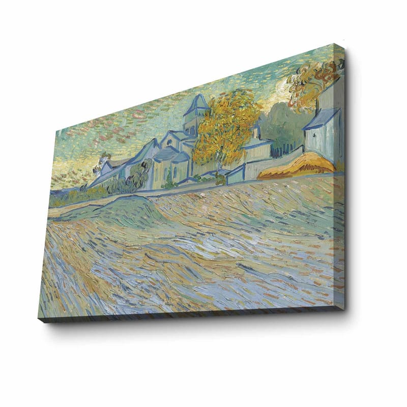 Canvastavla 70x100 cm - Landskapsmålning med hus och träd i en harmonisk och färgglad miljö - Blå / Gul / Grön - Inredning & dekor - Tavlor & konst - Canvastavla