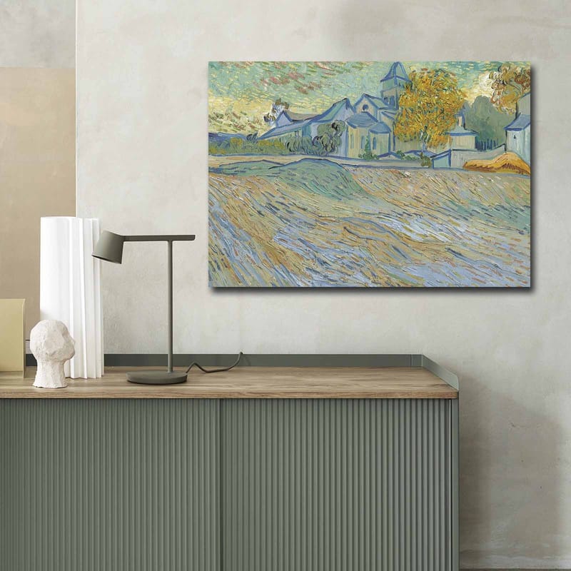 Canvastavla 70x100 cm - Landskapsmålning med hus och träd i en harmonisk och färgglad miljö - Blå / Gul / Grön - Inredning & dekor - Tavlor & konst - Canvastavla