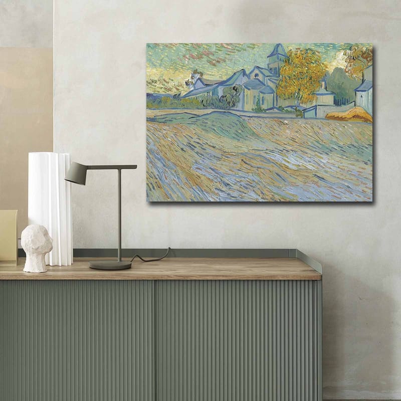 Canvastavla 70x100 cm - Landskapsmålning med hus och träd i en harmonisk och färgglad miljö - Blå / Gul / Grön - Inredning & dekor - Tavlor & konst - Canvastavla