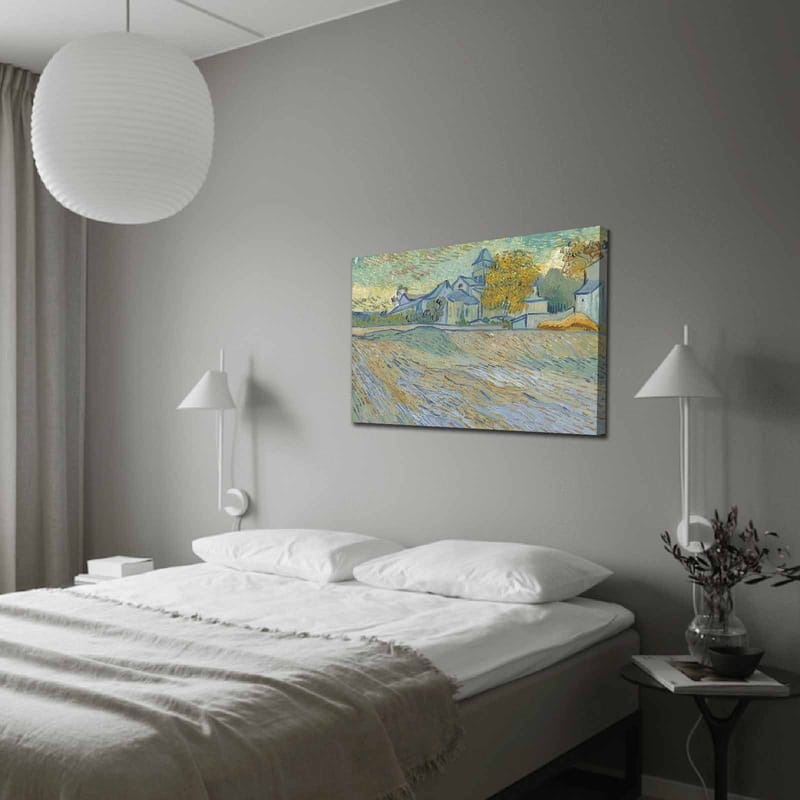 Canvastavla 70x100 cm - Landskapsmålning med hus och träd i en harmonisk och färgglad miljö - Blå / Gul / Grön - Inredning & dekor - Tavlor & konst - Canvastavla