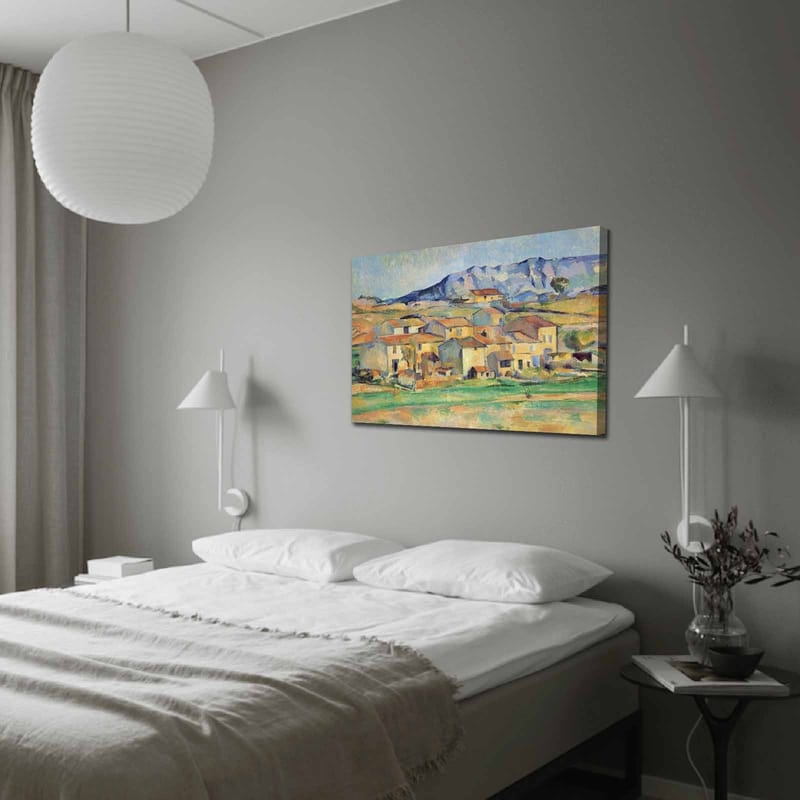 Canvastavla 70x100 cm - Landskapsmålning med pittoreska hus omgivna av gröna fält och berg i bakgrunden - Gult / Grönt / Blått - Inredning & dekor - Tavlor & konst - Canvastavla