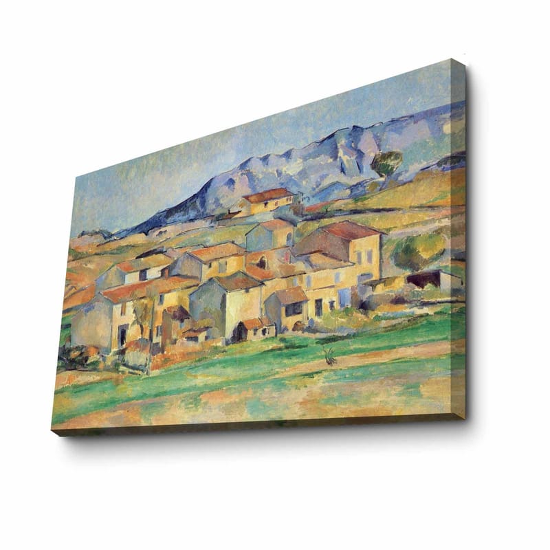 Canvastavla 70x100 cm - Landskapsmålning med pittoreska hus omgivna av gröna fält och berg i bakgrunden - Gult / Grönt / Blått - Inredning & dekor - Tavlor & konst - Canvastavla