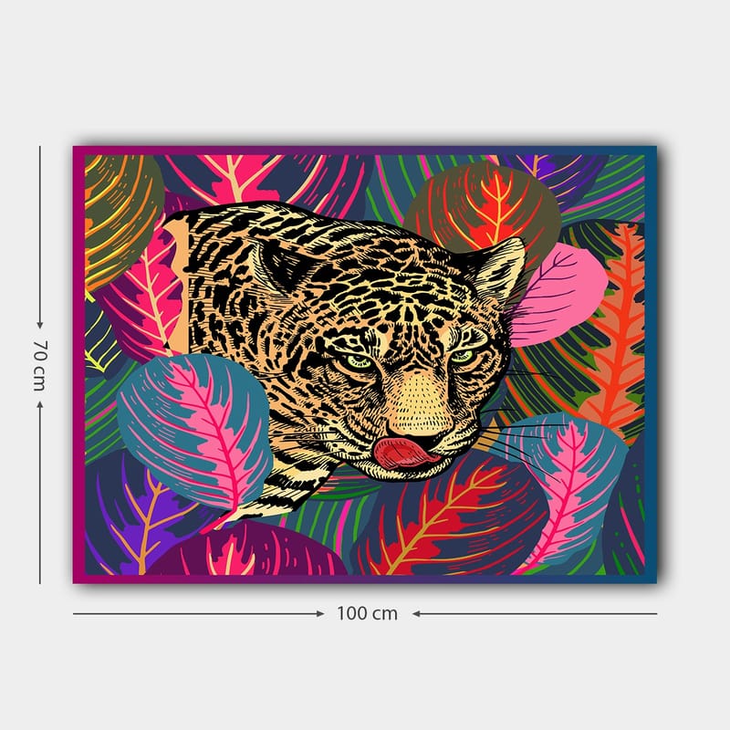 Canvastavla 70x100 cm - Leopard som smyger genom färgglada tropiska växter - Grön / Rosa / Gul - Inredning & dekor - Tavlor & konst - Canvastavla