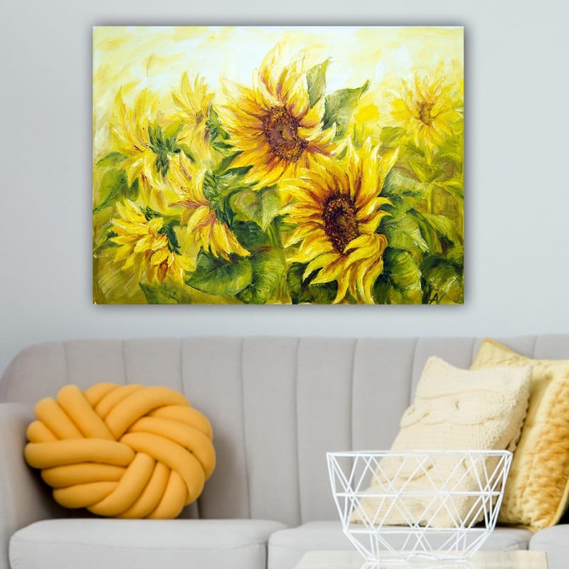 Canvastavla 70x100 cm - Livfull målning av solrosor i olika nyanser av gult och grönt - Gult / Grönt / Brunt - Inredning & dekor - Tavlor & konst - Canvastavla