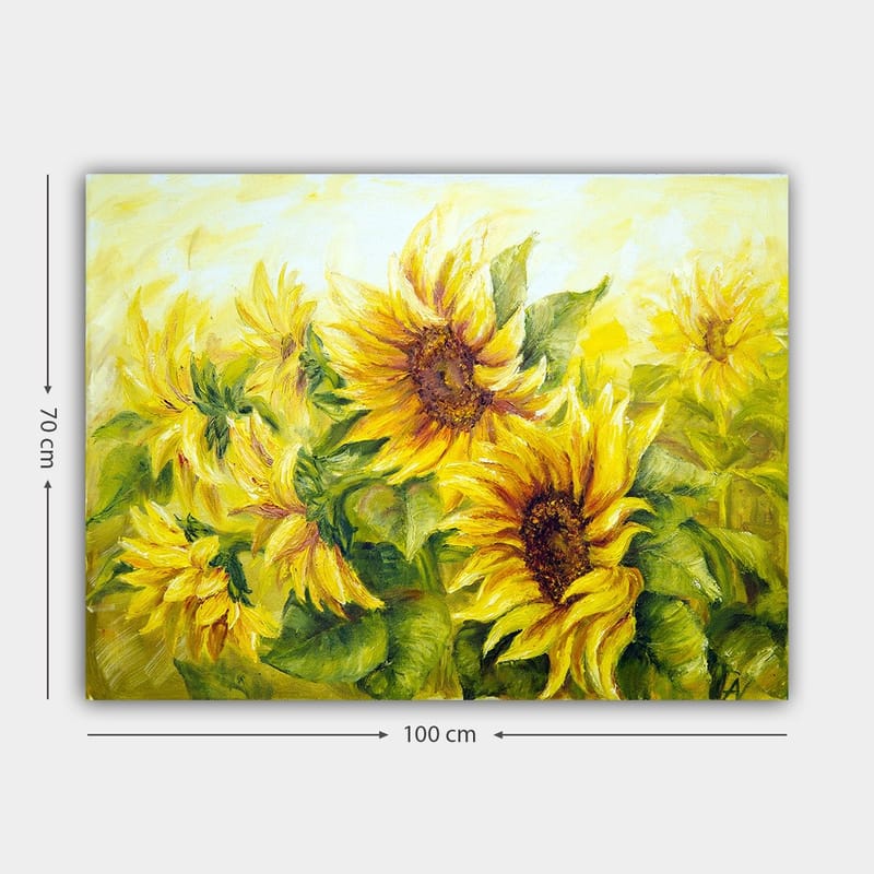 Canvastavla 70x100 cm - Livfull målning av solrosor i olika nyanser av gult och grönt - Gult / Grönt / Brunt - Inredning & dekor - Tavlor & konst - Canvastavla