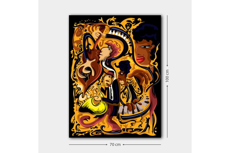 Canvastavla 70x100 cm - Livfull och dynamisk skildring av musiker som spelar olika instrument i en färgstark komposition - Guld / Svart / Röd - Inredning & dekor - Tavlor & konst - Canvastavla