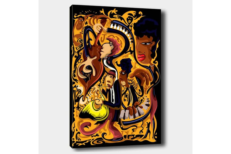 Canvastavla 70x100 cm - Livfull och dynamisk skildring av musiker som spelar olika instrument i en färgstark komposition - Guld / Svart / Röd - Inredning & dekor - Tavlor & konst - Canvastavla