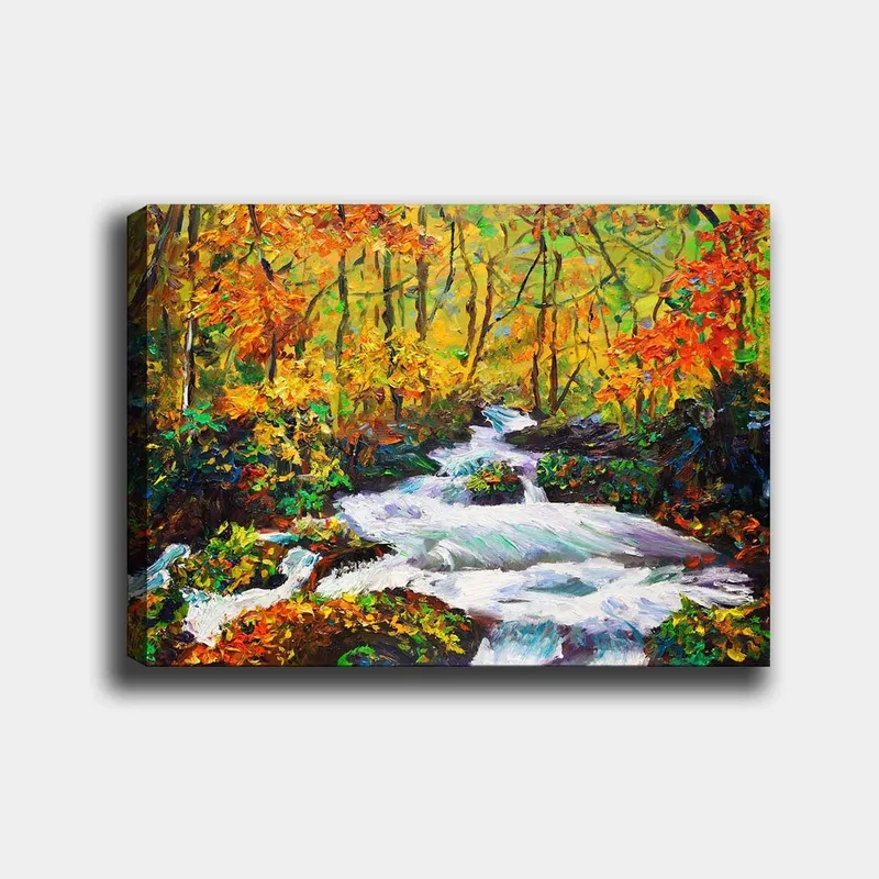 Canvastavla 70x100 cm - Livlig flod som rinner genom en färgsprakande höstskogslandskap, Orange / Grön / Vit