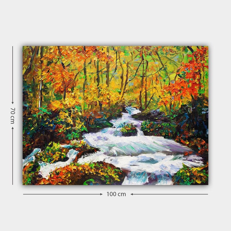 Canvastavla 70x100 cm - Livlig flod som rinner genom en färgsprakande höstskogslandskap - Orange / Grön / Vit - Inredning & dekor - Tavlor & konst - Canvastavla