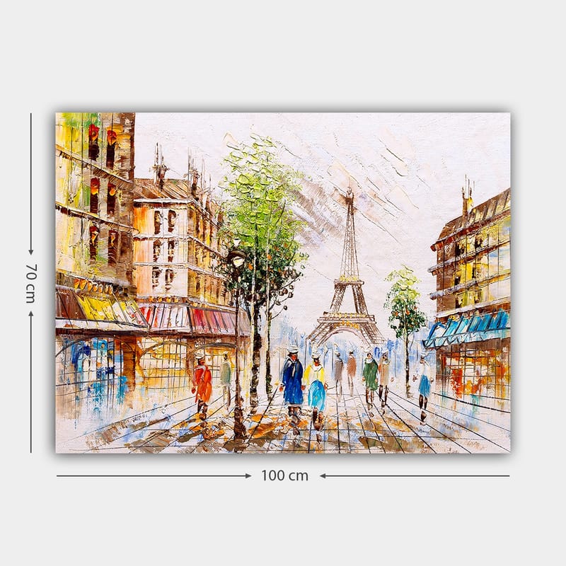 Canvastavla 70x100 cm - Livlig gata i Paris med Eiffeltornet i bakgrunden och människor som promenerar - Grön / Blå / Orange - Inredning & dekor - Tavlor & konst - Canvastavla