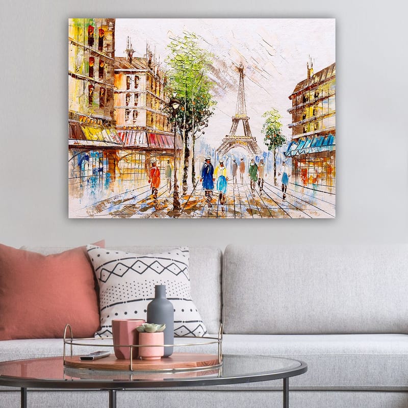 Canvastavla 70x100 cm - Livlig gata i Paris med Eiffeltornet i bakgrunden och människor som promenerar - Grön / Blå / Orange - Inredning & dekor - Tavlor & konst - Canvastavla