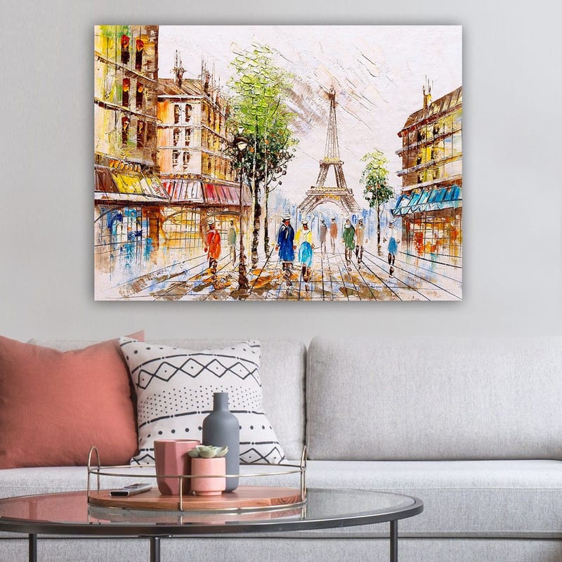 Canvastavla 70x100 cm - Livlig gata i Paris med Eiffeltornet i bakgrunden och människor som promenerar - Grön / Blå / Orange - Inredning & dekor - Tavlor & konst - Canvastavla