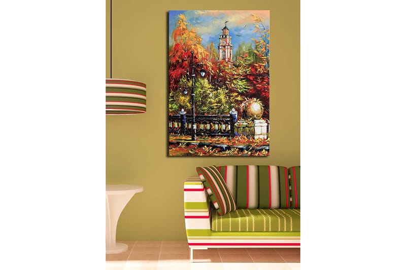 Canvastavla 70x100 cm - Livlig höstscen med en klocktorn i bakgrunden omgiven av färgglada träd och lampor - Röd / Orange / Grön - Inredning & dekor - Tavlor & konst - Canvastavla