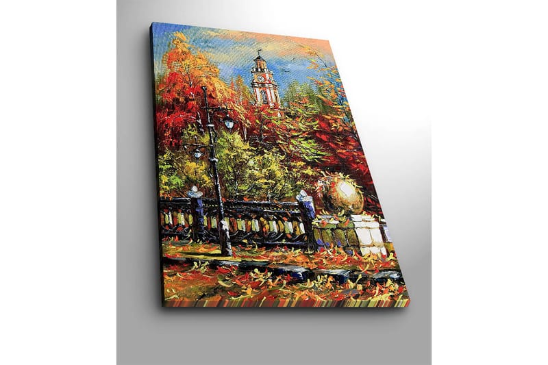 Canvastavla 70x100 cm - Livlig höstscen med en klocktorn i bakgrunden omgiven av färgglada träd och lampor - Röd / Orange / Grön - Inredning & dekor - Tavlor & konst - Canvastavla