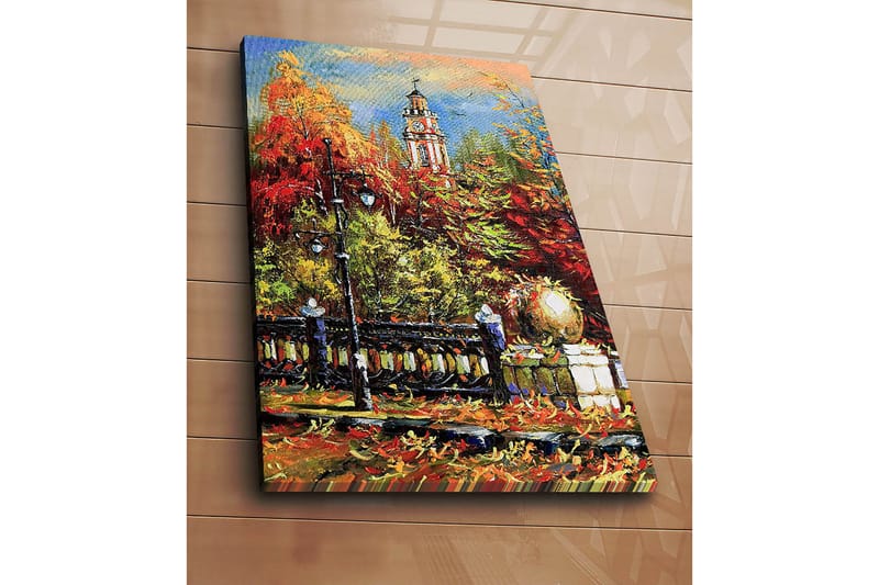 Canvastavla 70x100 cm - Livlig höstscen med en klocktorn i bakgrunden omgiven av färgglada träd och lampor - Röd / Orange / Grön - Inredning & dekor - Tavlor & konst - Canvastavla