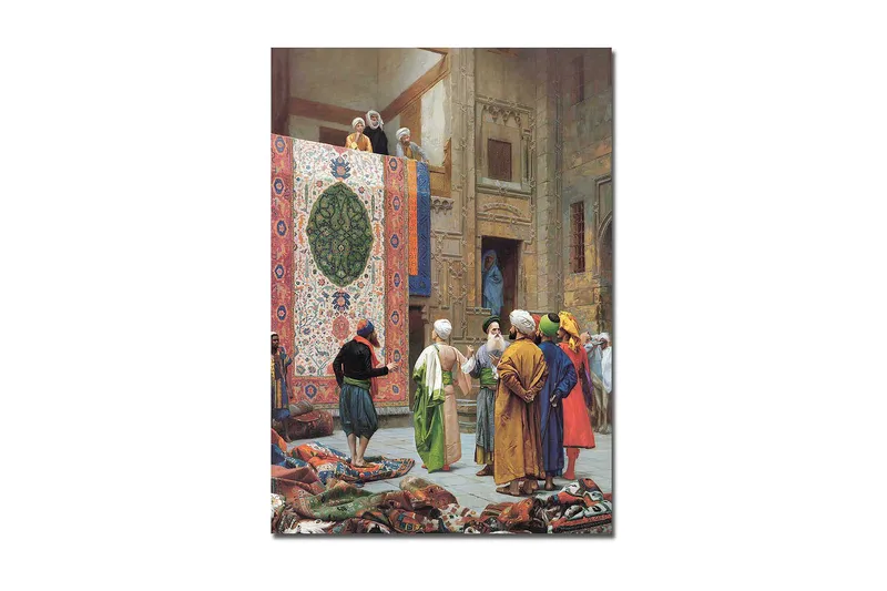 Canvastavla 70x100 cm - Livlig marknadsscen med män som diskuterar och beundrar en stor, färgglad matta, Röd / Grön / Blå