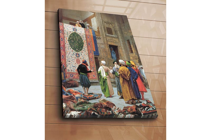 Canvastavla 70x100 cm - Livlig marknadsscen med män som diskuterar och beundrar en stor, färgglad matta - Röd / Grön / Blå - Inredning & dekor - Tavlor & konst - Canvastavla