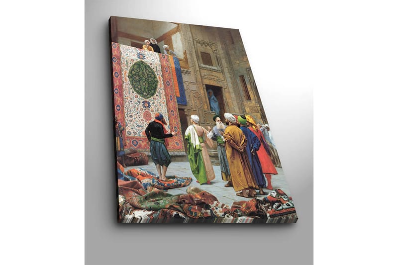 Canvastavla 70x100 cm - Livlig marknadsscen med män som diskuterar och beundrar en stor, färgglad matta - Röd / Grön / Blå - Inredning & dekor - Tavlor & konst - Canvastavla