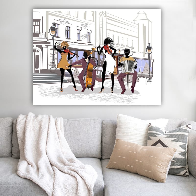 Canvastavla 70x100 cm - Livlig musikgrupp som spelar på en gata, med fokus på fyra musiker och deras instrument - Svart / Röd / Beige - Inredning & dekor - Tavlor & konst - Canvastavla