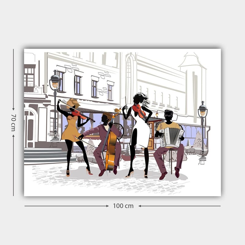 Canvastavla 70x100 cm - Livlig musikgrupp som spelar på en gata, med fokus på fyra musiker och deras instrument - Svart / Röd / Beige - Inredning & dekor - Tavlor & konst - Canvastavla