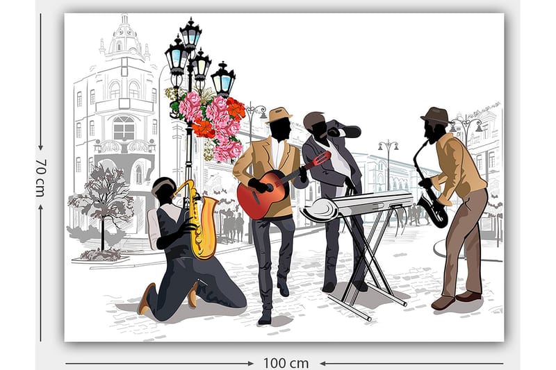 Canvastavla 70x100 cm - Livlig musikscen med fyra musiker som spelar olika instrument på en gata, omgiven av blommor och lampor - Mörkbrun / Röd / Svart - Inredning & dekor - Tavlor & konst - Canvastavla