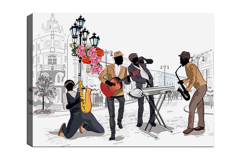 Canvastavla 70x100 cm - Livlig musikscen med fyra musiker som spelar olika instrument på en gata, omgiven av blommor och lampor - Mörkbrun / Röd / Svart - Inredning & dekor - Tavlor & konst - Canvastavla