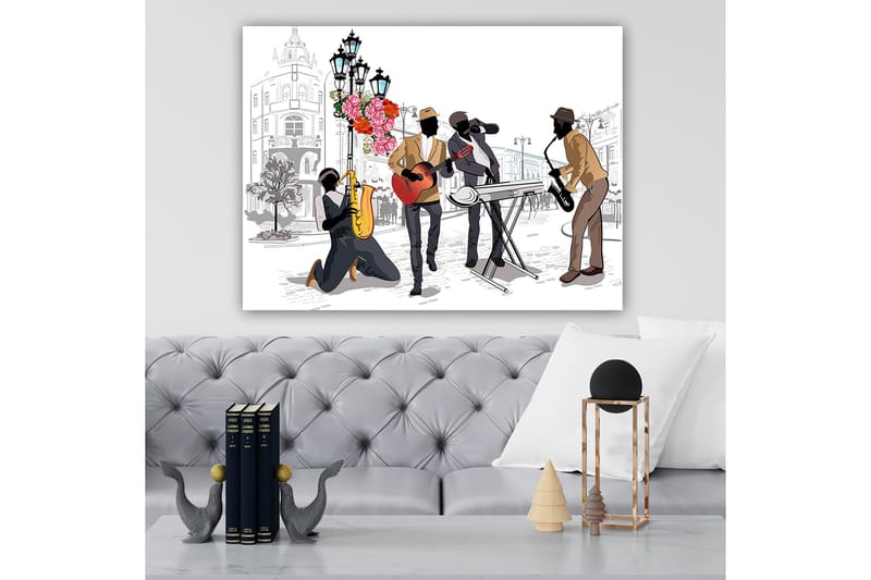 Canvastavla 70x100 cm - Livlig musikscen med fyra musiker som spelar olika instrument på en gata, omgiven av blommor och lampor - Mörkbrun / Röd / Svart - Inredning & dekor - Tavlor & konst - Canvastavla