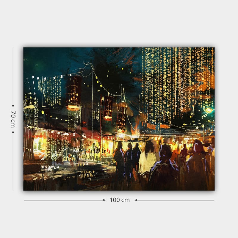 Canvastavla 70x100 cm - Livlig nattmarknad med människor och ljus som skapar en festlig atmosfär - Mörkblå / Guld / Röd - Inredning & dekor - Tavlor & konst - Canvastavla