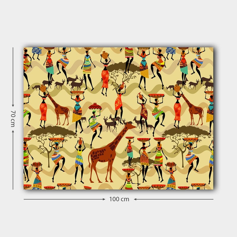 Canvastavla 70x100 cm - Livlig och färgglad scen med människor i traditionella kläder som dansar och interagerar med djur i en afrikansk miljö - Röd / Brun / Grön - Inredning & dekor - Tavlor & konst - Canvastavla