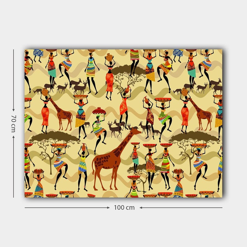 Canvastavla 70x100 cm - Livlig och färgglad scen med människor i traditionella kläder som dansar och interagerar med djur i en afrikansk miljö - Röd / Brun / Grön - Inredning & dekor - Tavlor & konst - Canvastavla