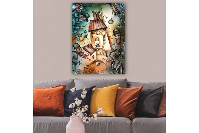 Canvastavla 70x100 cm - Livlig scen med musiker och en karaktär som spelar trumpet på taket av ett hus - Grön / Brun / Blå - Inredning & dekor - Tavlor & konst - Canvastavla