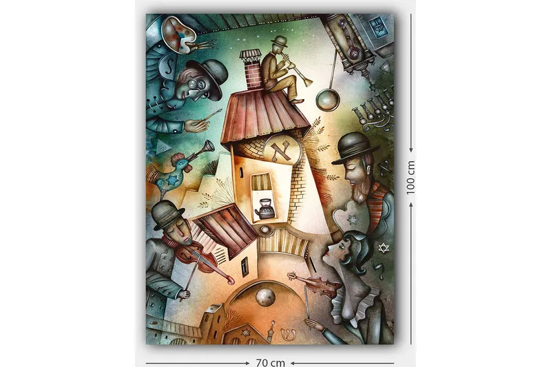 Canvastavla 70x100 cm - Livlig scen med musiker och en karaktär som spelar trumpet på taket av ett hus - Grön / Brun / Blå - Inredning & dekor - Tavlor & konst - Canvastavla