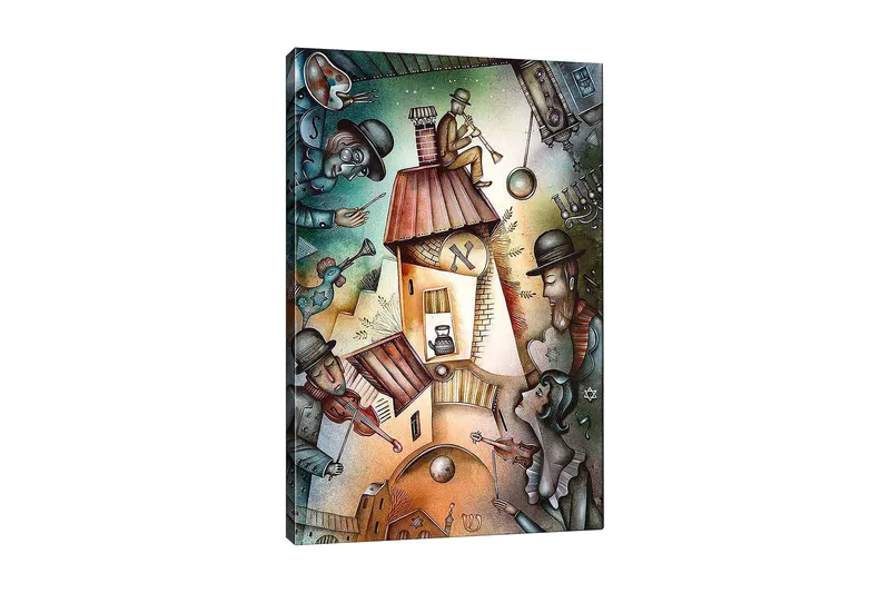 Canvastavla 70x100 cm - Livlig scen med musiker och en karaktär som spelar trumpet på taket av ett hus, Grön / Brun / Blå