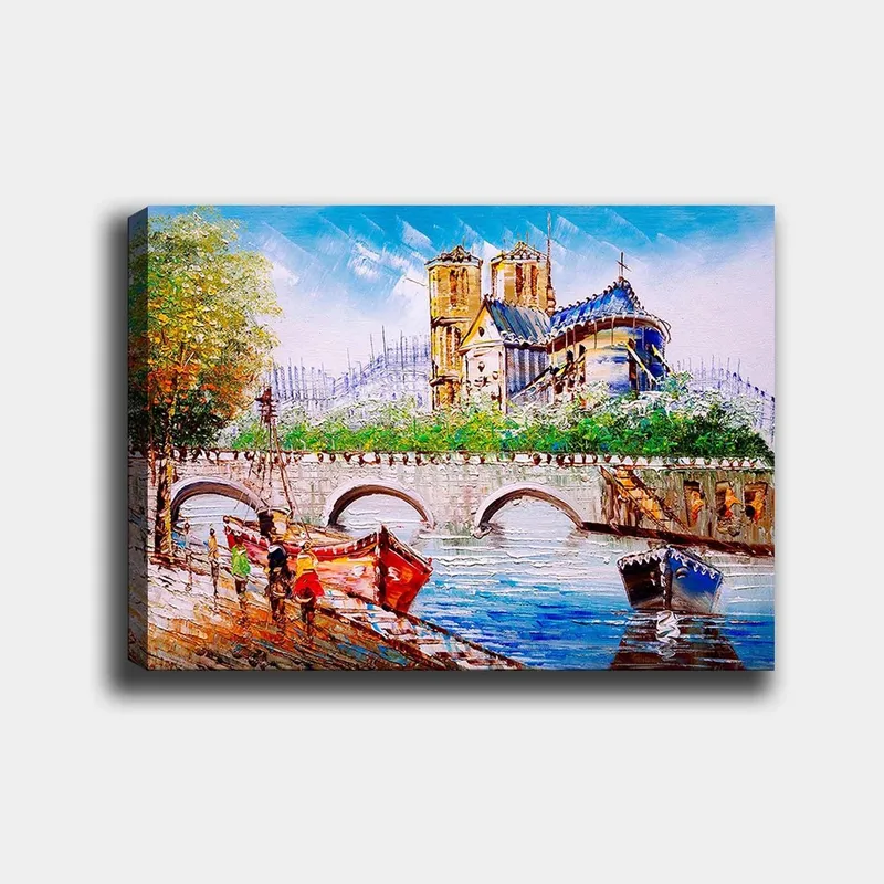 Canvastavla 70x100 cm - Livlig scen vid en bro med färgglada båtar och en imponerande byggnad i bakgrunden, Blå / Röd / Grön
