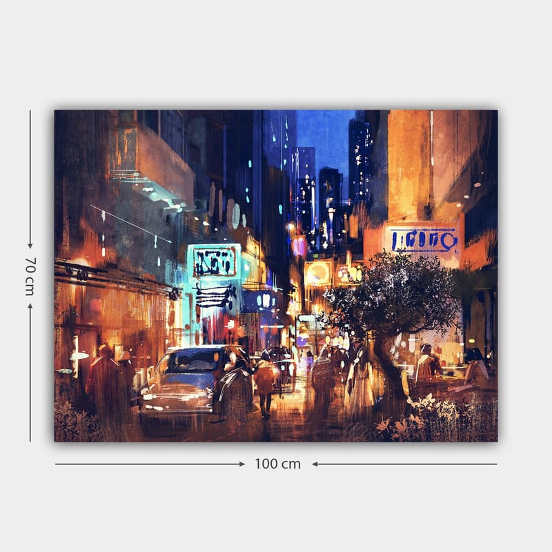 Canvastavla 70x100 cm - Livlig stadsbild med bilar och människor som rör sig genom en nattlig gata, omgiven av neonskyltar och höga byggnader - Mörkblå / Orange / Grön - Inredning & dekor - Tavlor & konst - Canvastavla