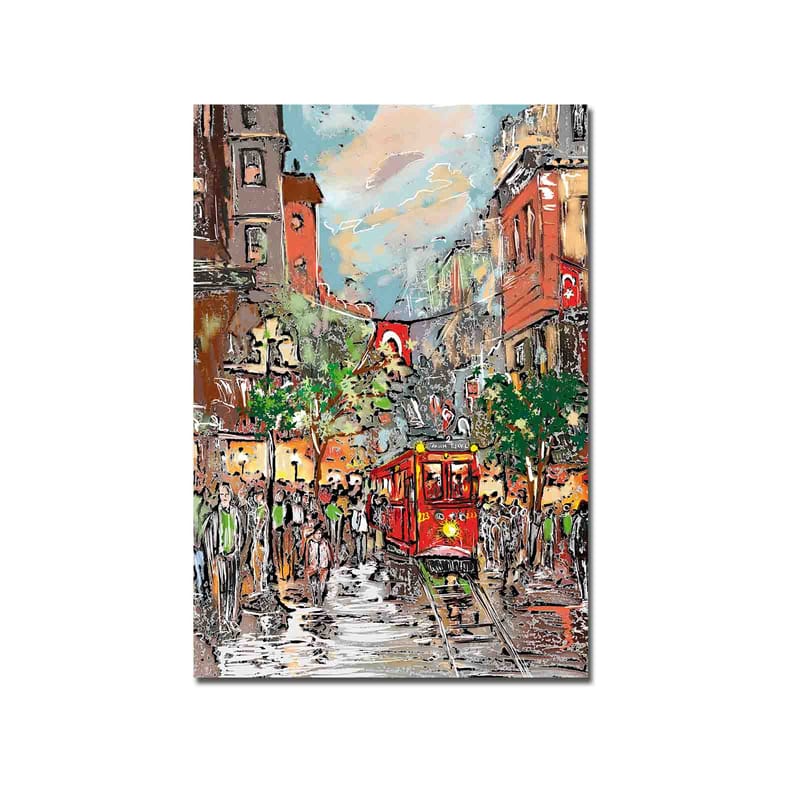 Canvastavla 70x100 cm - Livlig stadsbild med en röd spårvagn som färdas genom en regnig gata, omgiven av människor och träd - Röd / Grön / Brun - Inredning & dekor - Tavlor & konst - Canvastavla