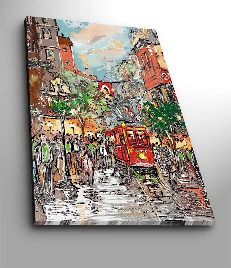 Canvastavla 70x100 cm - Livlig stadsbild med en röd spårvagn som färdas genom en regnig gata, omgiven av människor och träd, Röd / Grön / Brun