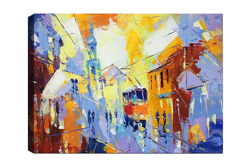 Canvastavla 70x100 cm - Livlig stadsbild med en spårvagn som rör sig genom en färgglad gata, Gul / Blå / Orange