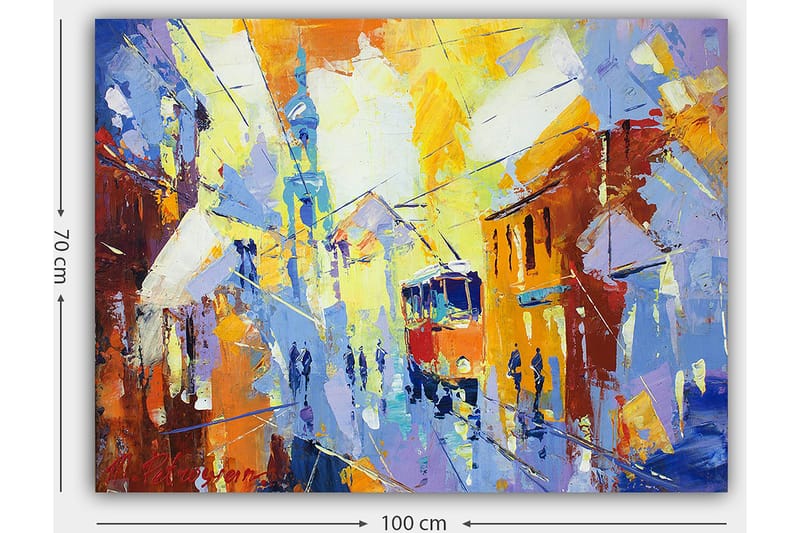Canvastavla 70x100 cm - Livlig stadsbild med en spårvagn som rör sig genom en färgglad gata - Gul / Blå / Orange - Inredning & dekor - Tavlor & konst - Canvastavla