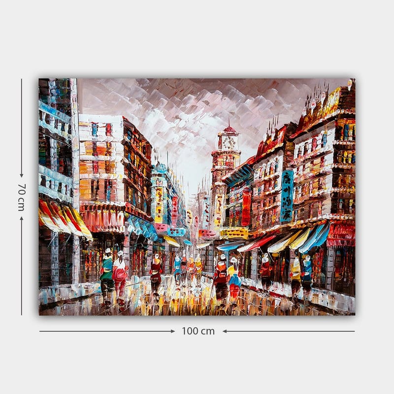 Canvastavla 70x100 cm - Livlig stadsbild med färgglada byggnader och människor som promenerar på en regnig gata - Röd / Blå / Gul - Inredning & dekor - Tavlor & konst - Canvastavla