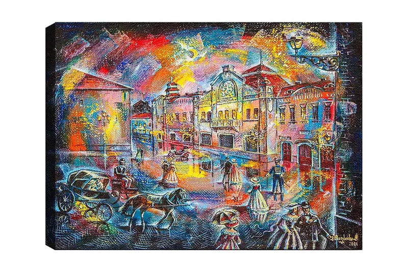 Canvastavla 70x100 cm - Livlig stadsbild med människor i historiska kläder som promenerar på en gata med vackra byggnader och hästdragna vagnar, Blå / Röd / Gul