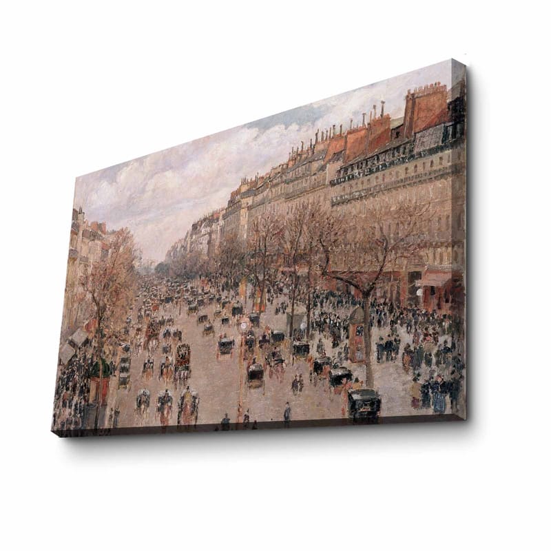 Canvastavla 70x100 cm - Livlig stadsbild med människor och hästdragna vagnar på en gata omgiven av träd och byggnader - Ljusrosa / Beige / Mörkgrön - Inredning & dekor - Tavlor & konst - Canvastavla