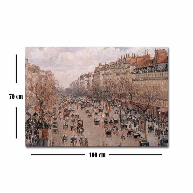 Canvastavla 70x100 cm - Livlig stadsbild med människor och hästdragna vagnar på en gata omgiven av träd och byggnader - Ljusrosa / Beige / Mörkgrön - Inredning & dekor - Tavlor & konst - Canvastavla